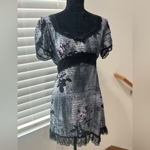 Black and Gray Script Lace Trimmed Dress